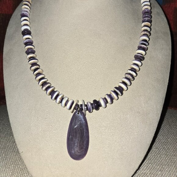 Wampum Beaded Necklace with Wampum Drop - Picture 2 of 6